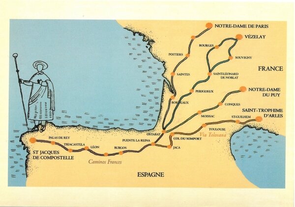 Il existe 4 principales routes en France qui mènent à St Jacques de Compostelle : au départ de Notre-Dame de Paris, de Vézelay, de Notre-Dame du Puy et de Saint-Trophime d'Arles